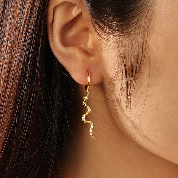 FE2129 925 Sterling Silver Texture Animal Snake Dangle Hoop Earrings