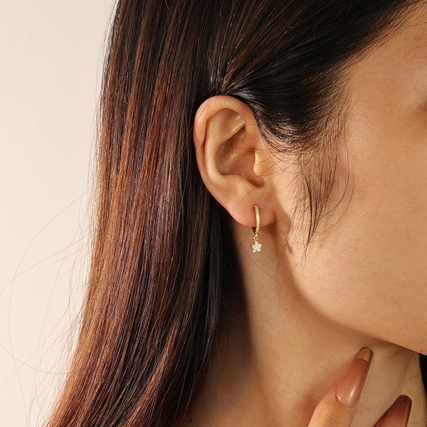 FE2117 925 Sterling Silver Dainty Zirconia Star Dangle Hoop Earrings