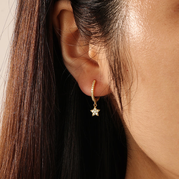 FE2117 925 Sterling Silver Dainty Zirconia Star Dangle Hoop Earrings