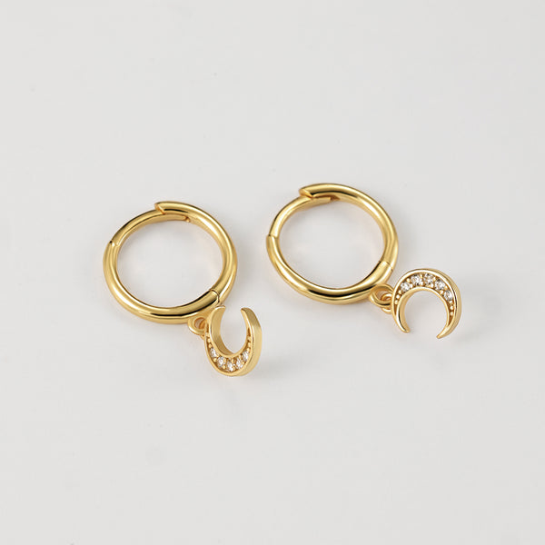 FE2192 925 Sterling Silver Pave Crescent Moon Dangle Earrings