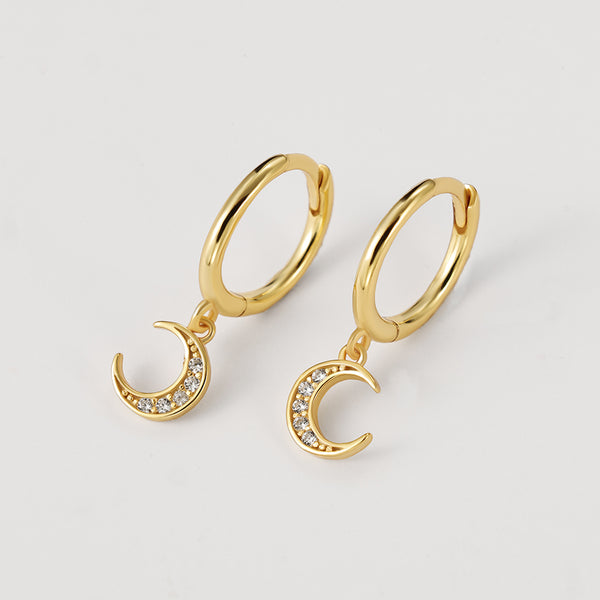 FE2192 925 Sterling Silver Pave Crescent Moon Dangle Earrings