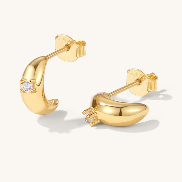 FE2044 925 Sterling Silver Cubic Zirconoia Gold Chunky Dome Earrings