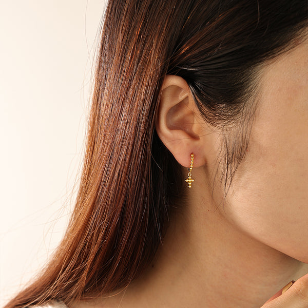 FE2165 925 Sterling Silver Bead Cross Dangle Hoop Earrings