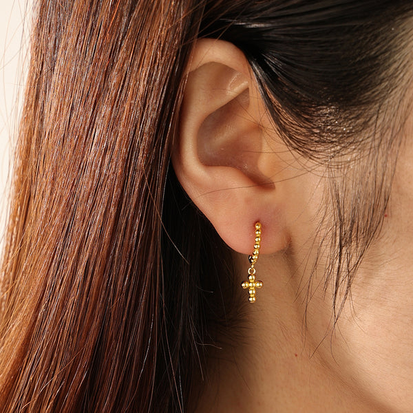 FE2165 925 Sterling Silver Bead Cross Dangle Hoop Earrings