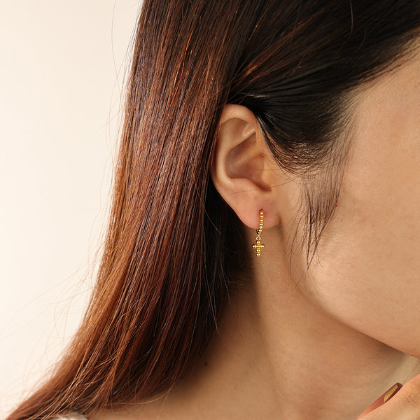 FE2165 925 Sterling Silver Bead Cross Dangle Hoop Earrings