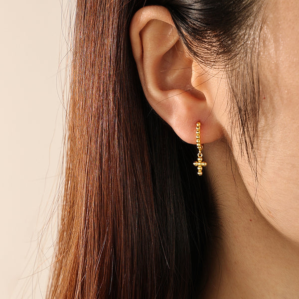 FE2165 925 Sterling Silver Bead Cross Dangle Hoop Earrings