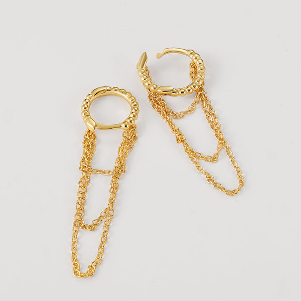 FE2168 925 Sterling Silver Triple Chain Bead Hoop Earrings