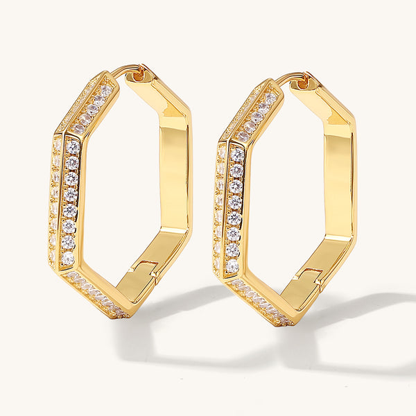 FE2050 Brass CZ Geometric Hexagon Hug Hoop Earrings