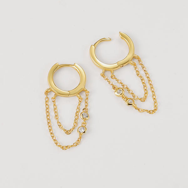 FE2177 925 Sterling Silver Double Bezels Chain Dangle Hoop Earrings