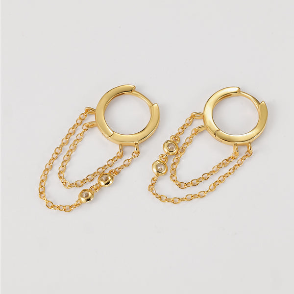 FE2177 925 Sterling Silver Double Bezels Chain Dangle Hoop Earrings