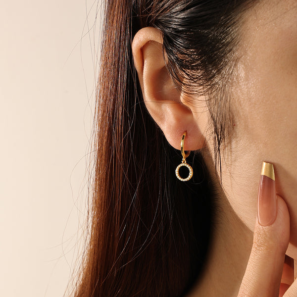 FE2208 925 Sterling Silver Circle Cubic Zirconia Dangle Hoop Earrings