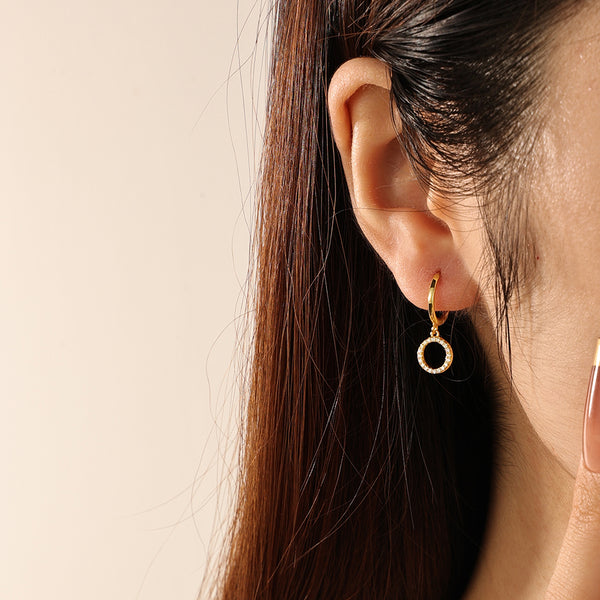 FE2208 925 Sterling Silver Circle Cubic Zirconia Dangle Hoop Earrings