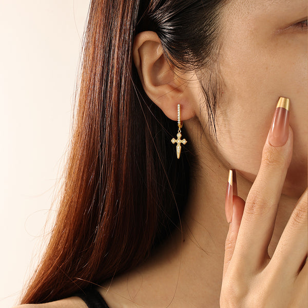 FE2241 925 Sterling Silver Pave Cross Dangle U Shape Hoop Earrings