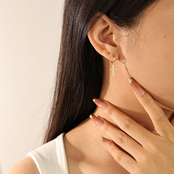 FE2130 925 Sterling Silver Pave Zirconia Cross Dangle Hoop Earrings