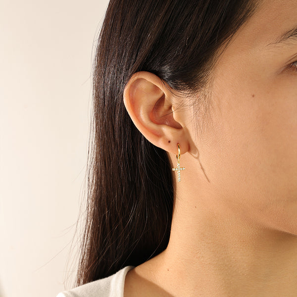 FE2130 925 Sterling Silver Pave Zirconia Cross Dangle Hoop Earrings