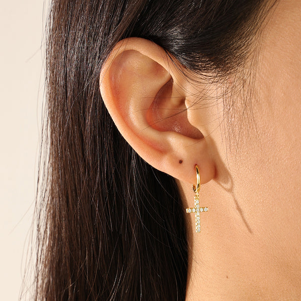 FE2130 925 Sterling Silver Pave Zirconia Cross Dangle Hoop Earrings