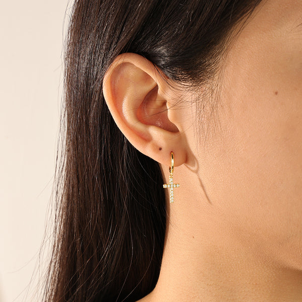 FE2130 925 Sterling Silver Pave Zirconia Cross Dangle Hoop Earrings