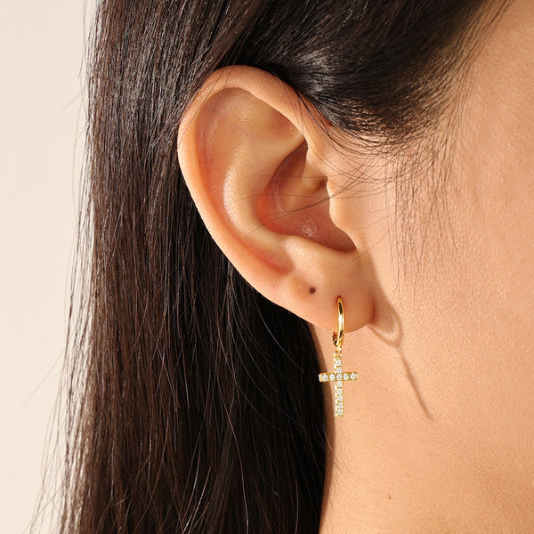 FE2130 925 Sterling Silver Pave Zirconia Cross Dangle Hoop Earrings