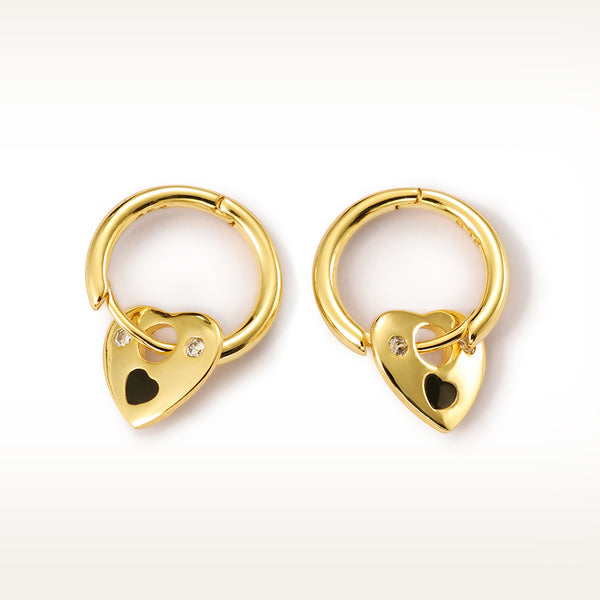 FE2090 925 Sterling Silver Black Enamel Zirconia Heart Dangle Hoop Earrings