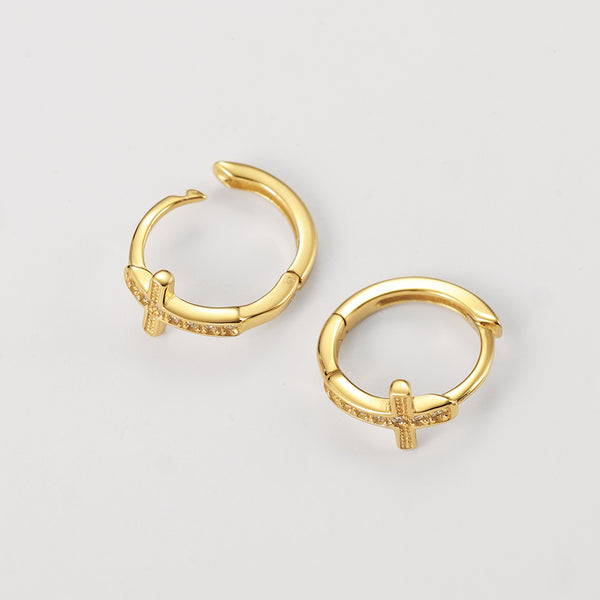 FE2216 925 Sterling Silver CZ Cross Band Hoop Earrings