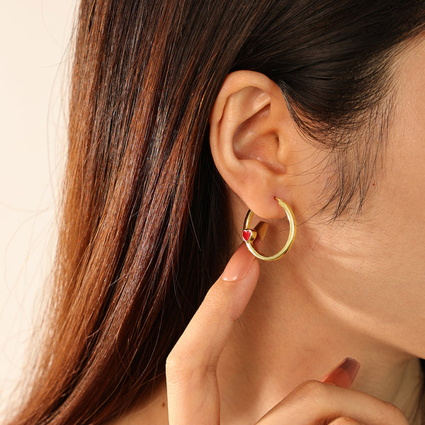 FE2712 925 Sterling Silver Red Enamel Heart Hoop Earring