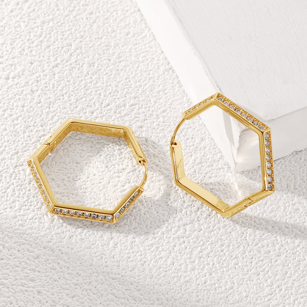FE2050 Brass CZ Geometric Hexagon Hug Hoop Earrings