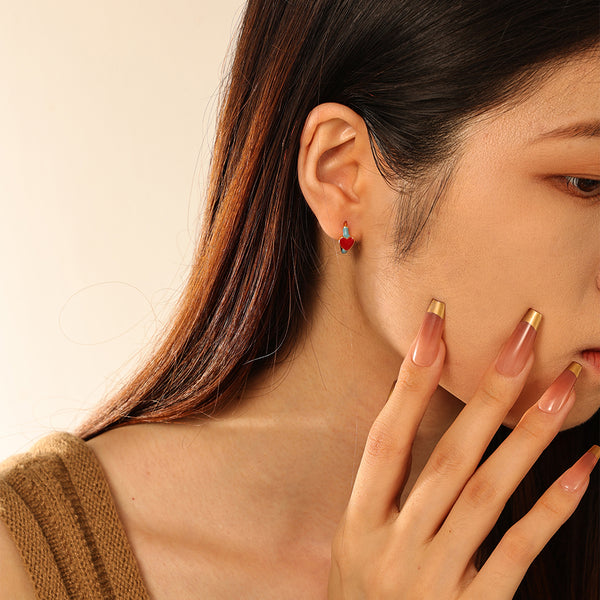 FE2871 925 Sterling Silver Enamel Red Heart Hoop Earrings