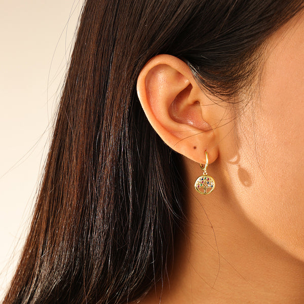 FE2732 925 Sterling Silver Cubic Zirconia Colorful Peace Tree Dangle Hoop Earrings