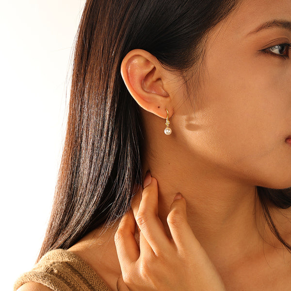 FE2860 925 Sterling Silver Vintage Shell Pearl Drop Hoop Earring