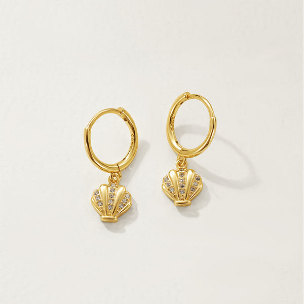 FE2726 925 Sterling Silver Cubic Zirconia Shell Dangle Hoop Earrings