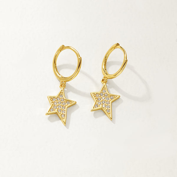 FE2730 925 Sterling Silver Cubic Zirconia Irregular Star Dangle Hoop Earrings