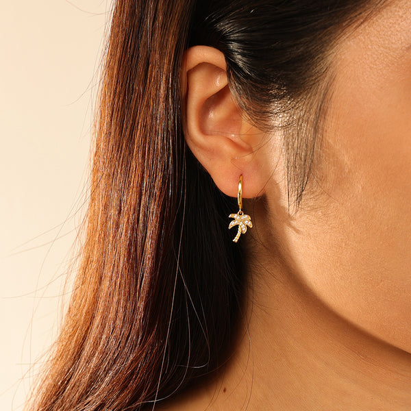 FE2720 925 Sterling Silver Cubic Zirconia Coconut Tree Dangle Hoop Earrings