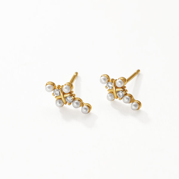 FE3143 Shell Pearl & CZ Cross Stud Earring