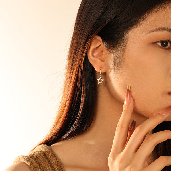 FE2818 925 Sterling Silver Cubic Zirconia Pentacle Dangle Earrings