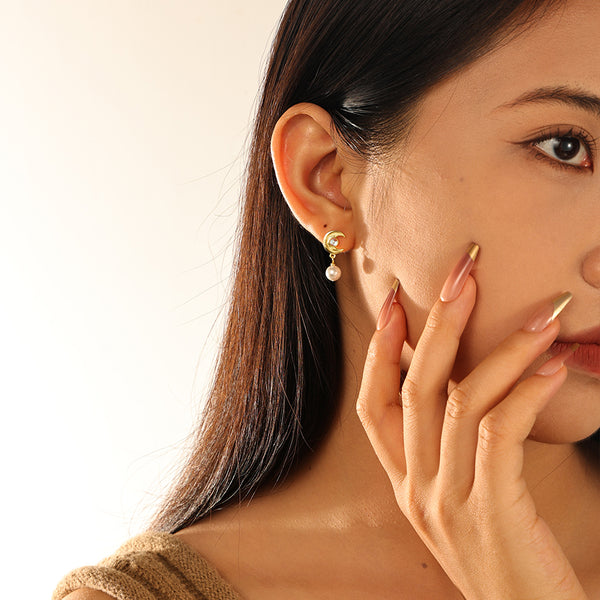 VFE0046 Star Crescent Moonstone Drop Stud Earrings