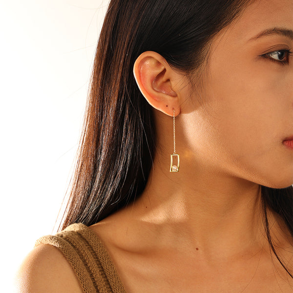 FE2856 925 Sterling Silver Pearl Square Chain Stud Earring