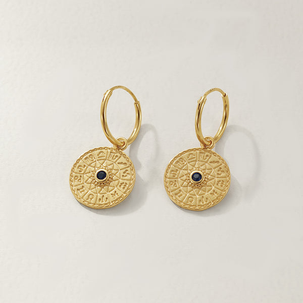 FE2791 925 Sterling Silver 12 Constellation Compass Dangle Hoop Earrings