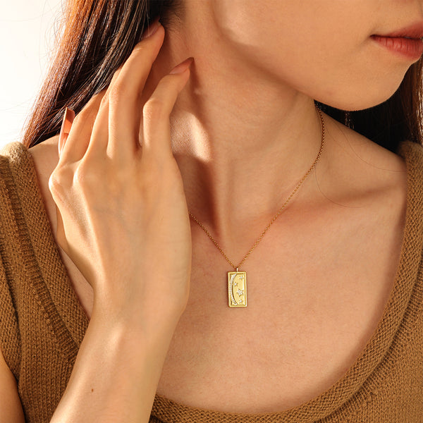 FX1182 925 Sterling Silver Rectangular Moon Star Pendant Necklace