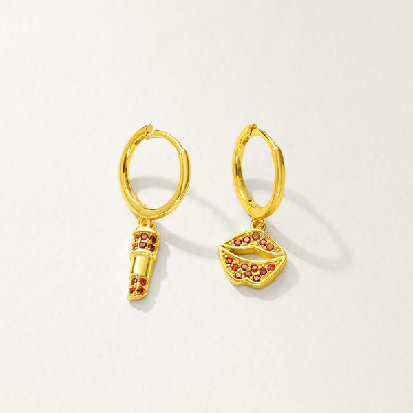 FE2819 925 Sterling Silver Red Zircon Lips & Lipstick Dangle Earrings