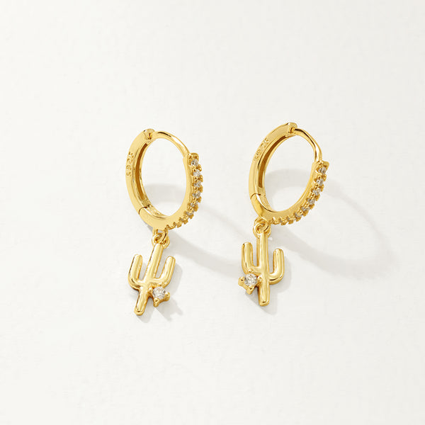 FE2815 925 Sterling Silver Cubic Zirconia Cactus Dangle Hoop Earrings