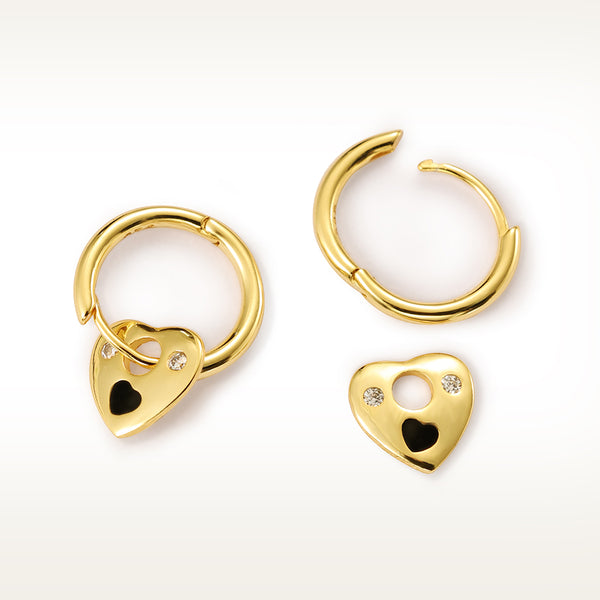 FE2090 925 Sterling Silver Black Enamel Zirconia Heart Dangle Hoop Earrings