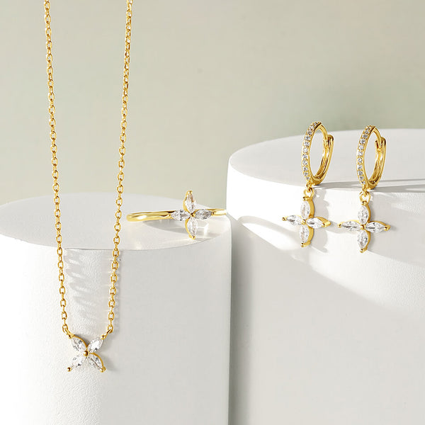 VFE0342 Marquise Zirconia Four Lead Clover Drop Hoop Earring