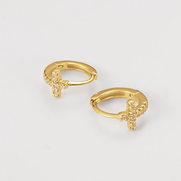 FE2147 925 Sterling Silver CZ Cross Band Hoop Earrings