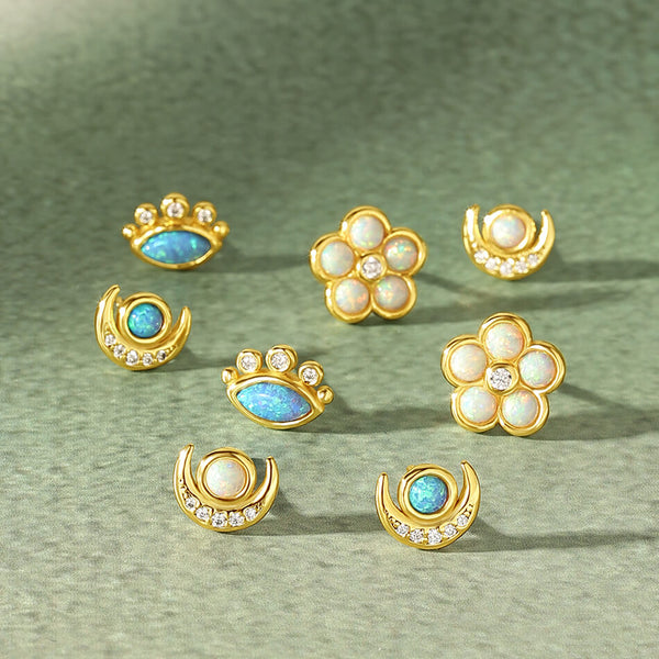 VFE0362 Bezel Set Opal Crescent Moon Mini Stud Earring