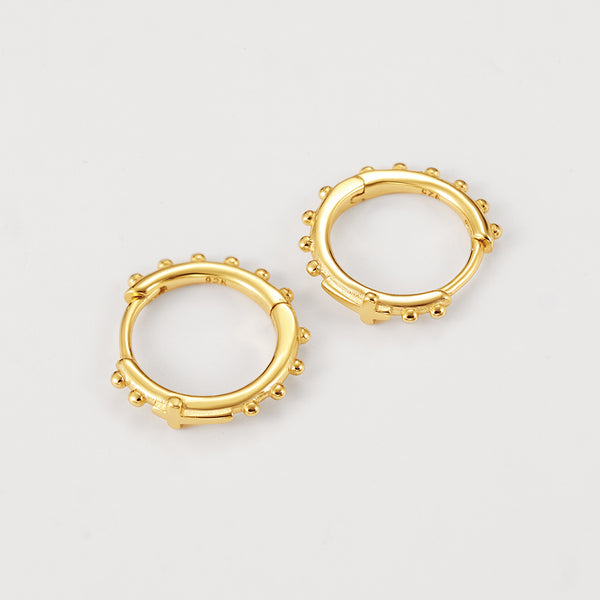 FE2228 925 Sterling Silver Small Beads Polished Cross Hoop Earrings