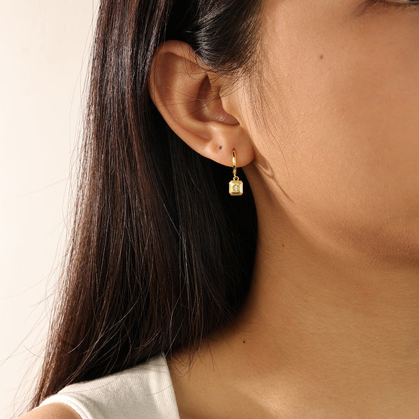 FE2133 925 Sterling Silver Square Starburst Dangle Hoop Earrings