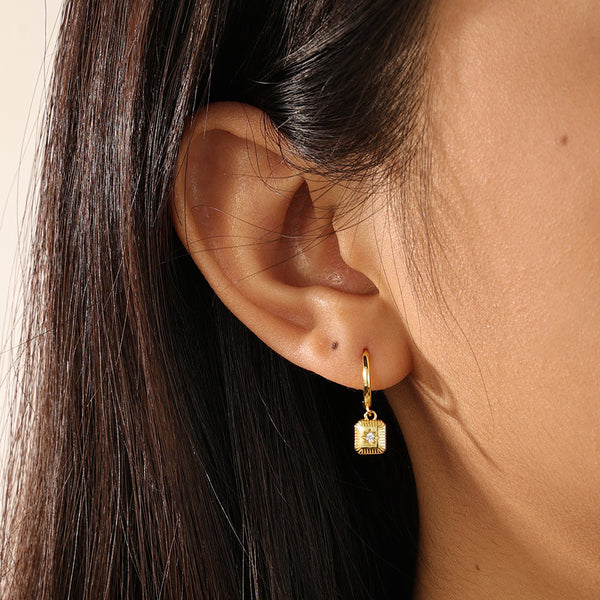 FE2133 925 Sterling Silver Square Starburst Dangle Hoop Earrings