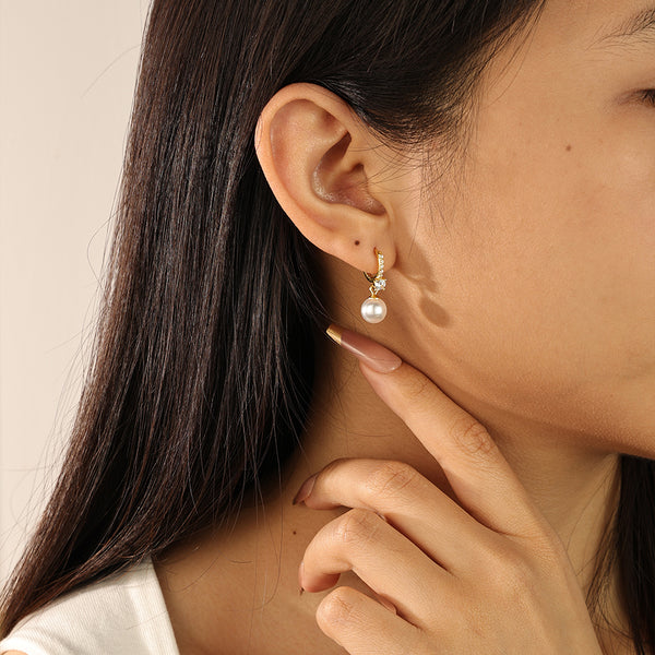 FE2171 925 Sterling Silver Plump Shell Pearl CZ Dangle Hoop Earrings