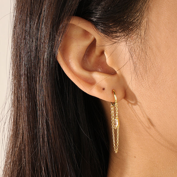 FE2155 925 Sterling Silver Rectangle CZ Double Chain Hoop Earrings