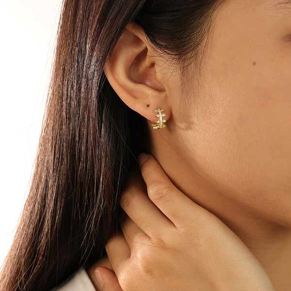 FE2227 925 Sterling Silver Pave Cubic Zirconia Awl Hoop Earrings